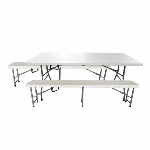 Conjunto de Mesa y 2 Bancos Plegables y Portátiles Gardiun New Koln 180x74x74 cm en Resina Blanca – Ideal para Jardín y Terraza