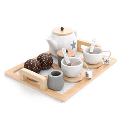 Set da tè per bambini Montessori, 27 x 21 x 10 cm, in legno di albero di loto in bianco, grigio e naturale | Collezione Tea Caprizze