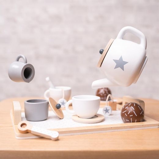 Set da tè per bambini Montessori, 27 x 21 x 10 cm, in legno di albero di loto in bianco, grigio e naturale | Collezione Tea Caprizze