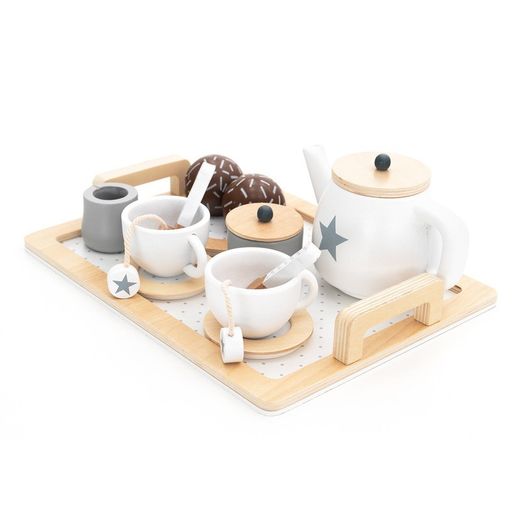 Set da tè per bambini Montessori, 27 x 21 x 10 cm, in legno di albero di loto in bianco, grigio e naturale | Collezione Tea Caprizze
