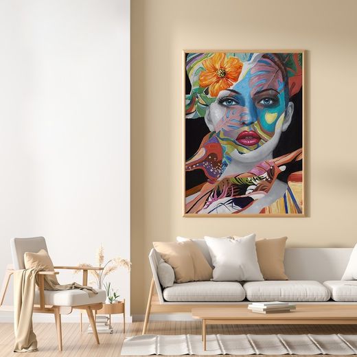 Quadro di donna, 90 x 120 cm, con fiori su sfondo multicolore | Collezione Rostro