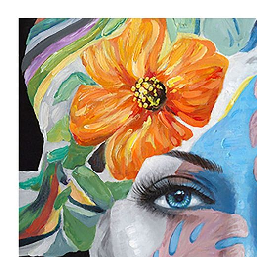Quadro di donna, 90 x 120 cm, con fiori su sfondo multicolore | Collezione Rostro