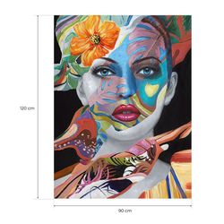 Quadro di donna, 90 x 120 cm, con fiori su sfondo multicolore | Collezione Rostro