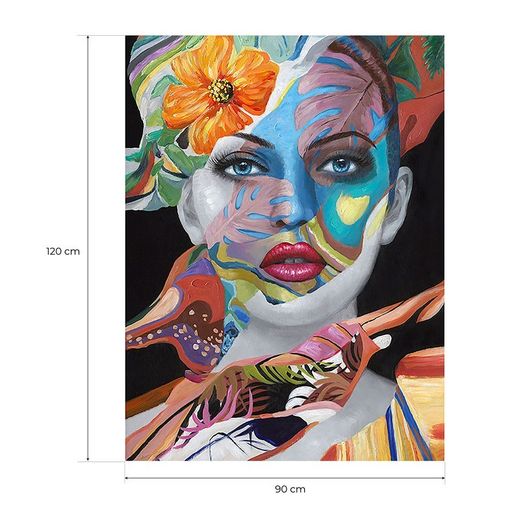 Quadro di donna, 90 x 120 cm, con fiori su sfondo multicolore | Collezione Rostro