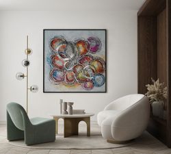 Quadro decorativo cerchi 3D, 100 x 100 cm, a olio multicolore | Collezione Astratto