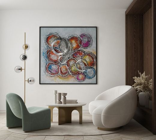 Quadro decorativo cerchi 3D, 100 x 100 cm, a olio multicolore | Collezione Astratto