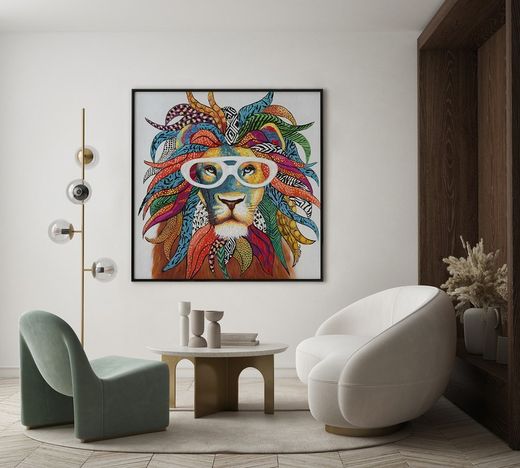 Quadro decorativo leone con occhiali da sole, 100 x 100 cm | Collezione Animali