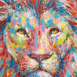 Quadro leone colorato, 100 x 100 cm, con pittura acrilica | Collezione Animali