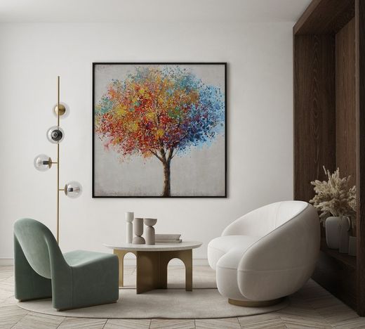 Quadro paesaggio albero, 100 x 100 cm, multicolore