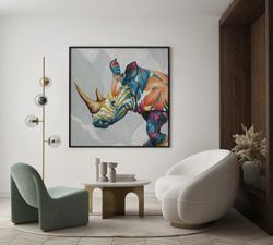 Quadro rinoceronte, 100 x 100 cm, con pittura acrilica | Collezione Animali