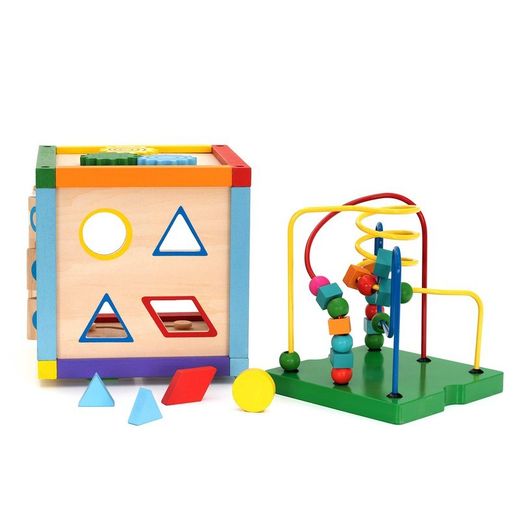 Cubo di attività Montessori, 20 x 20 x 36 cm, in legno di pino e metallo multicolore | Collezione Newton Labirinto