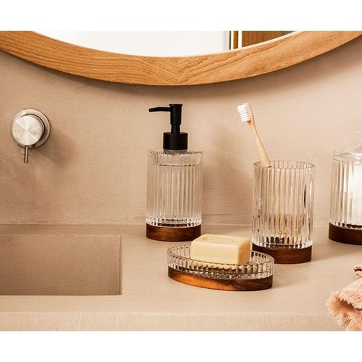 Dispensador de jabón, 7,5 x 7,5 x 18,5 cm, de vidrio y madera de acacia en transparente y natural | Colección Tritón