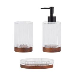 Dispensador de jabón, 7,5 x 7,5 x 18,5 cm, de vidrio y madera de acacia en transparente y natural | Colección Tritón