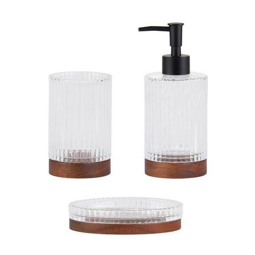 Dispensador de jabón, 7,5 x 7,5 x 18,5 cm, de vidrio y madera de acacia en transparente y natural | Colección Tritón