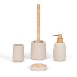 Dispensador de jabón, 8 x 8 x 17 cm, de arenisca y madera de fresno en beige | Colección Sandstone