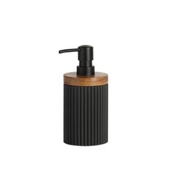 Dispensador de jabón, 8 x 8 x 18 cm, de poliresina y madera de acacia en negro y natural | Colección Striped