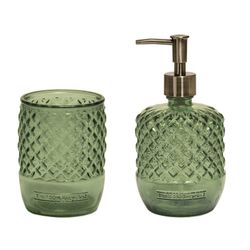 Dispensador de jabón, 9 x 9 x 18 cm, de vidrio en verde y dorado | Colección Lisboa