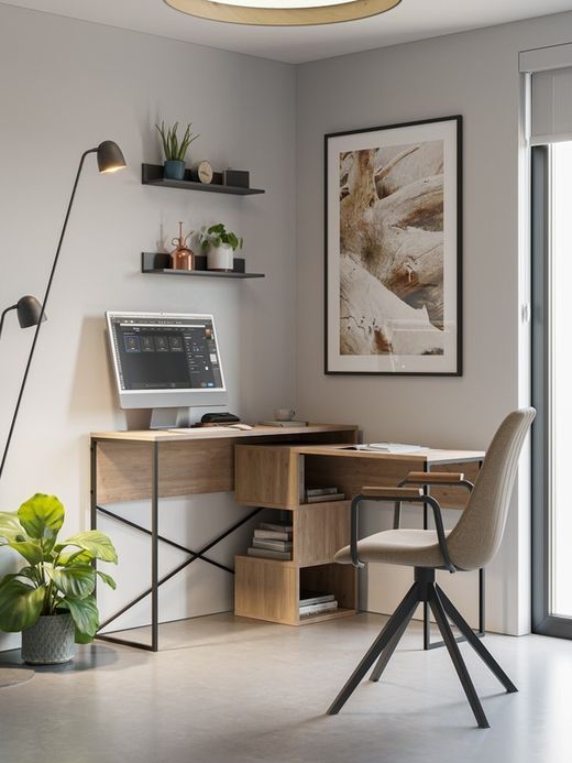 Escritorio, 110-102,2 x 37,2-102,2 x 77-69,6 cm, de madera en color roble y negro | Colección Tiago