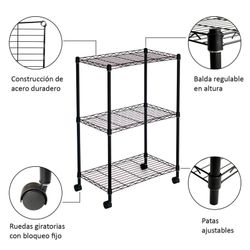 Estante su ruote, 56 x 35 x 80 cm, in metallo cromato nero | Collezione Klaus