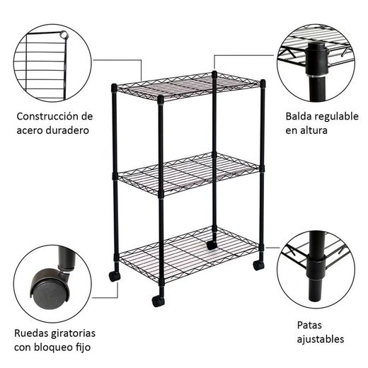 Estante su ruote, 56 x 35 x 80 cm, in metallo cromato nero | Collezione Klaus