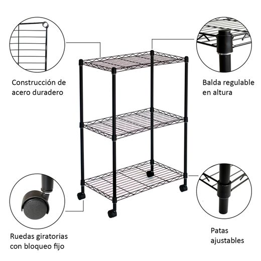 Prateleira com rodízios, 56 x 35 x 80 cm, de ferro cromado preto | Coleção Klaus