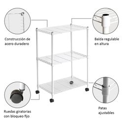 Estantería Metálica con Rejilla CATTERHOUSE Klaus 80, 56x35x80 cm, Color Blanco, con 3 Baldas y Ruedas, Soporta hasta 105 kg, Ideal para Almacenaje en Cocina, Garaje o Oficina
