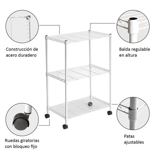 Estantería Metálica con Rejilla CATTERHOUSE Klaus 80, 56x35x80 cm, Color Blanco, con 3 Baldas y Ruedas, Soporta hasta 105 kg, Ideal para Almacenaje en Cocina, Garaje o Oficina
