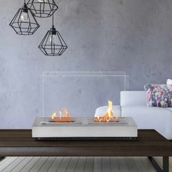 Estufa de bioetanol, 76 x 23 x 52 cm, de acero y vidrio en plateado | Colección Santorini