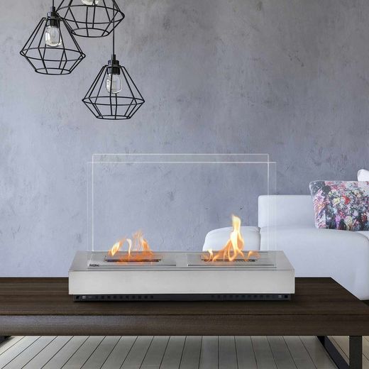 Estufa de bioetanol, 76 x 23 x 52 cm, de acero y vidrio en plateado | Colección Santorini