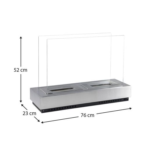Estufa de bioetanol, 76 x 23 x 52 cm, de acero y vidrio en plateado | Colección Santorini