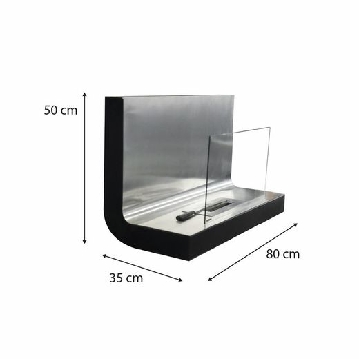 Estufa de bioetanol, 80 x 35 x 50 cm, de acero y vidrio en plateado|Thera