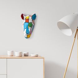 Figura cabeza de rinoceronte de pared, 25 x 20 x 16 cm, en poliresina multicolor