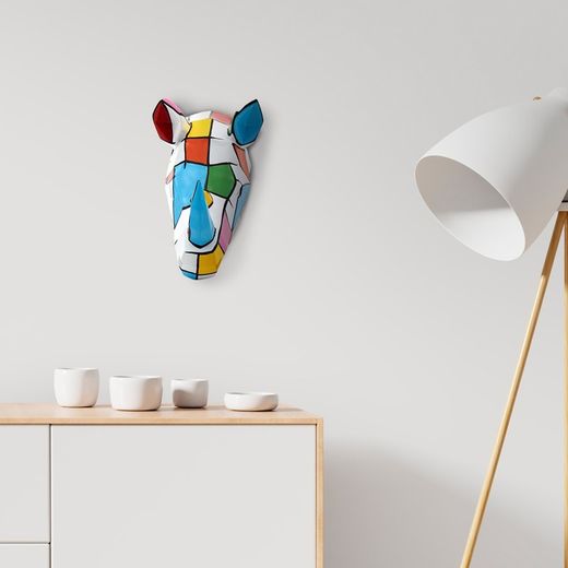 Figura cabeza de rinoceronte de pared, 25 x 20 x 16 cm, en poliresina multicolor