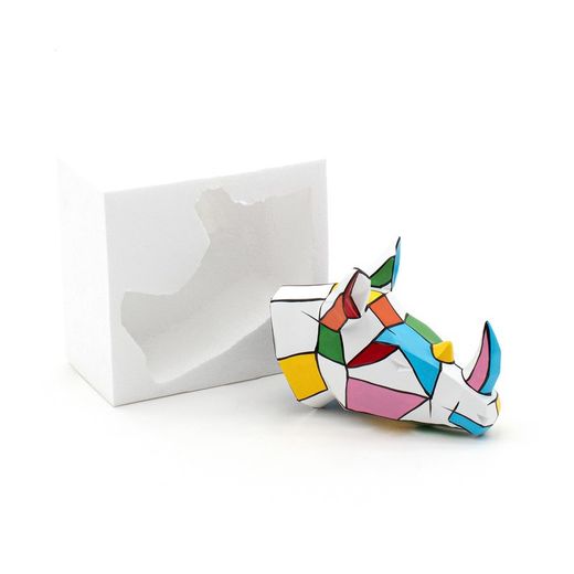 Figura cabeza de rinoceronte de pared, 25 x 20 x 16 cm, en poliresina multicolor