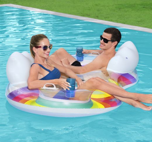 Flotteur Gonflable Double Bestway Rainbow Dreams 172x102 cm avec Porte-Gobelets Multicolore