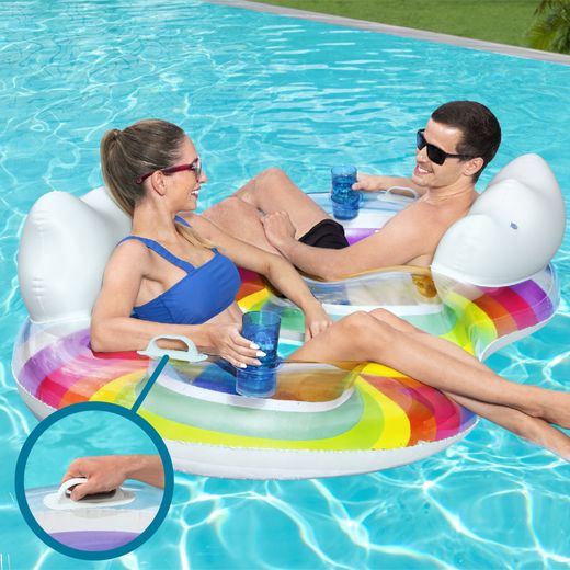 Flotteur Gonflable Double Bestway Rainbow Dreams 172x102 cm avec Porte-Gobelets Multicolore