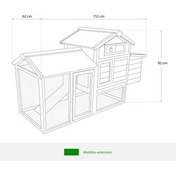 Gallinero de Madera Pintada y Metal Gardiun Kansas 62x152x92 cm - para 3 Gallinas con Percha y Tejado a 2 Aguas