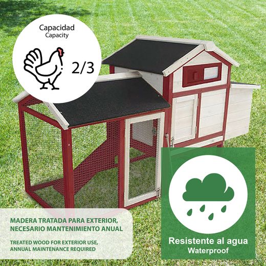 Gallinero de Madera Pintada y Metal Gardiun Kansas 62x152x92 cm - para 3 Gallinas con Percha y Tejado a 2 Aguas