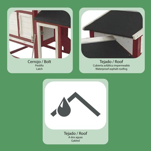 Gallinero de Madera Pintada y Metal Gardiun Kansas 62x152x92 cm - para 3 Gallinas con Percha y Tejado a 2 Aguas