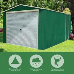 Garaje Metálico Essex 19,5 m² Verde - Estructura Rígida y Puerta Enrollable