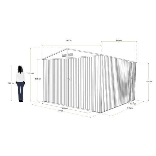 Garaje Metálico Gardiun Surrey 15,96 m² (380x420x232 cm) para 1 Coche | Doble Puerta Abatible, Puerta Lateral y Respiraderos | Diseño Efecto Madera
