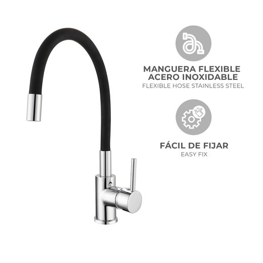 Grifo de Cocina K2O Flex, Monomando con Caño Giratorio y Aireador, Negro y Cromo