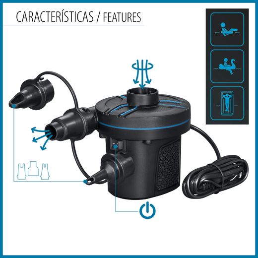 Inflador Eléctrico Portátil AC Power Grip Bestway 3 Adaptadores Válvulas