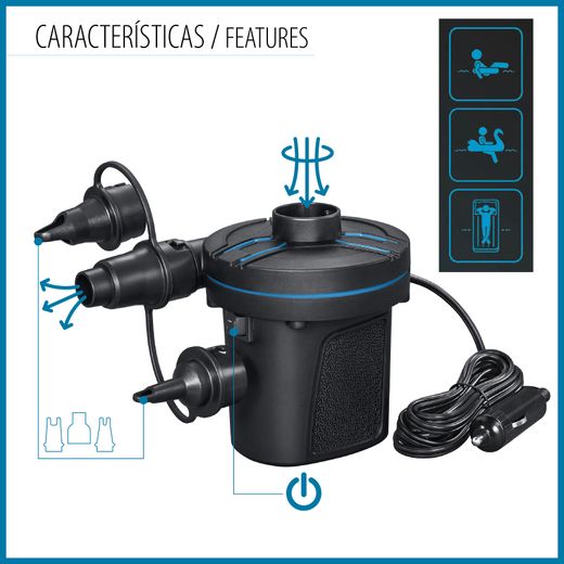 Inflador Eléctrico Portátil DC Power Touch Bestway 3 Adaptadores Válvulas Toma 12V
