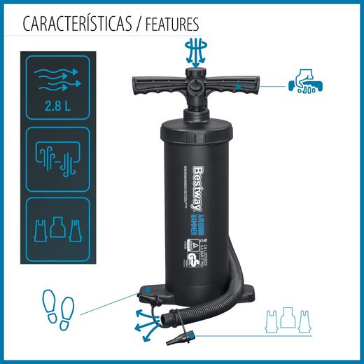 Pompa Manuale Bestway Air Hammer 37 cm con Tubo Flessibile 80 cm e 3 Adattatori