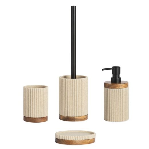 Jabonera, 14 x 9,5 x 3 cm, de poliresina y madera de acacia en beige y natural | Colección Striped