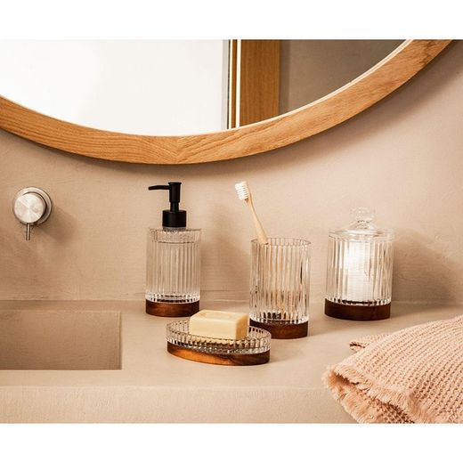 Jabonera, 14 x 9,5 x 3 cm, de vidrio y madera de acacia en transparente y natural | Colección Tritón