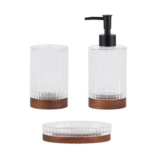 Jabonera, 14 x 9,5 x 3 cm, de vidrio y madera de acacia en transparente y natural | Colección Tritón