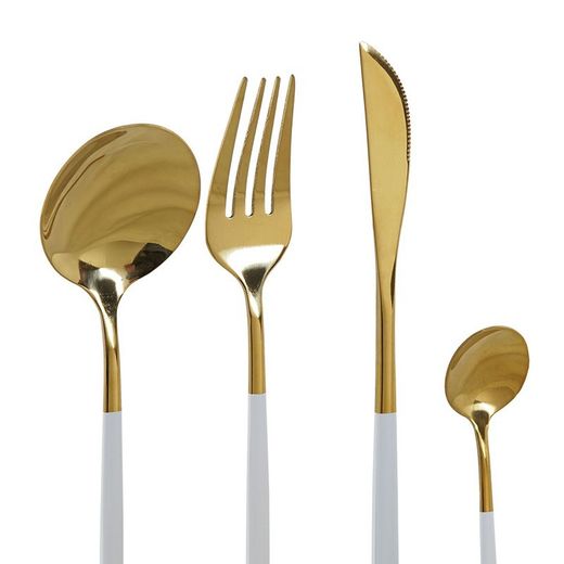 Set da 16 posate, 30 x 26 x 32 cm, in acciaio dorato e bianco | Collezione Chic