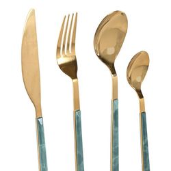 16-teiliges Besteck-Set, 30 x 26 x 32 cm, aus Edelstahl in Gold- und Grünfarbton | Kollektion Sea Side